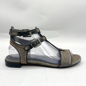 Stuart Weitzman Womens 8.5 N Gladiator Sandals Flats Metallic Gold Black Shimmer
